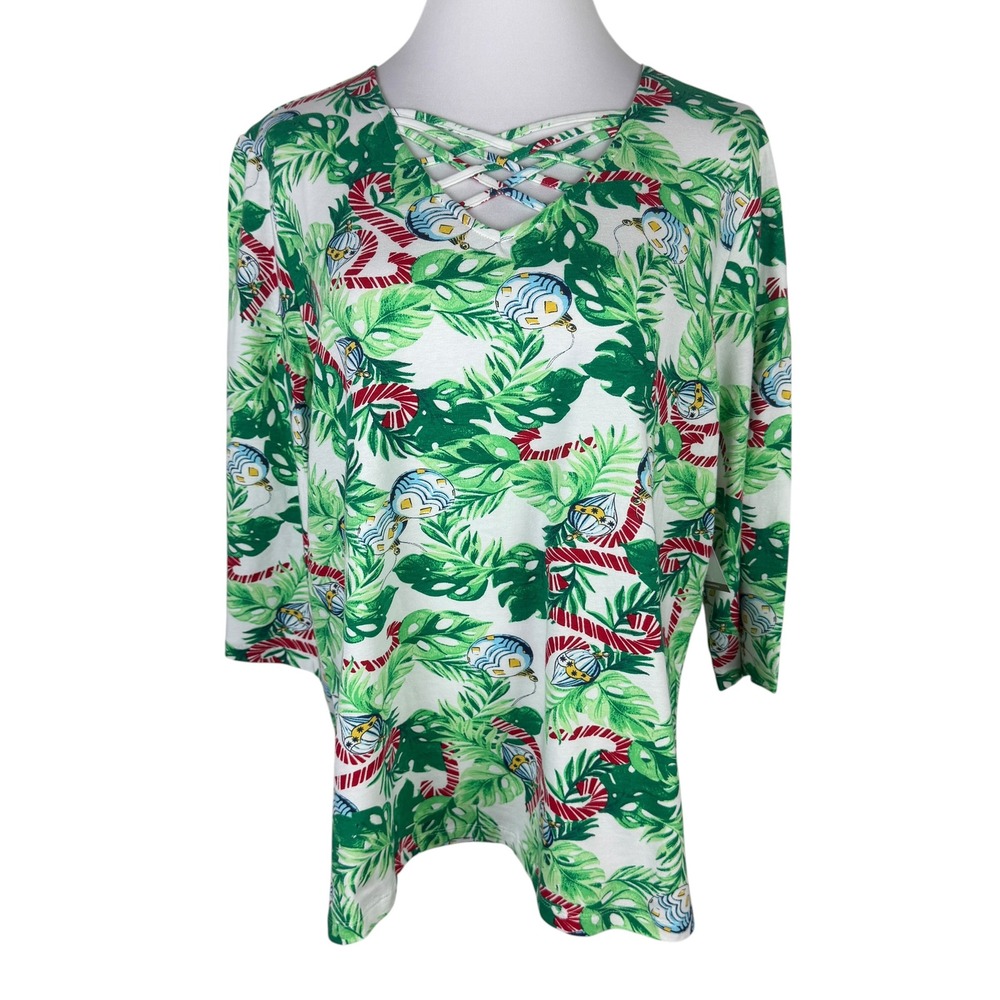 Coral Bay Women's 1X Tropical Christmas Top NWT Lattice V-Neck Palm Leaf